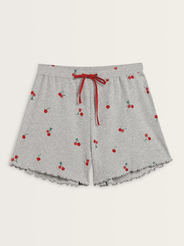 Superstar Grey Cherry Printed High-Rise Cotton Blend Shorts