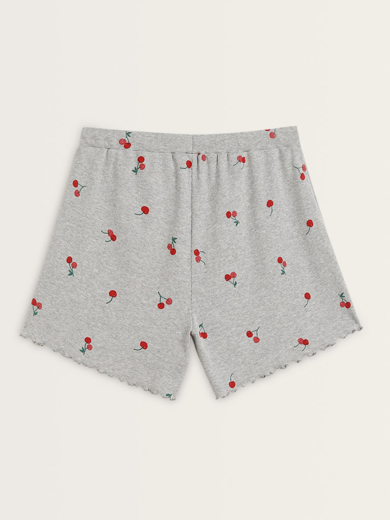 Superstar Grey Cherry Printed High-Rise Cotton Blend Shorts