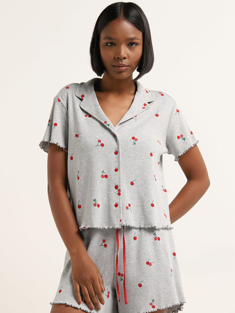 Superstar Grey Cherry Print Ribbed Cotton Blend Shirt