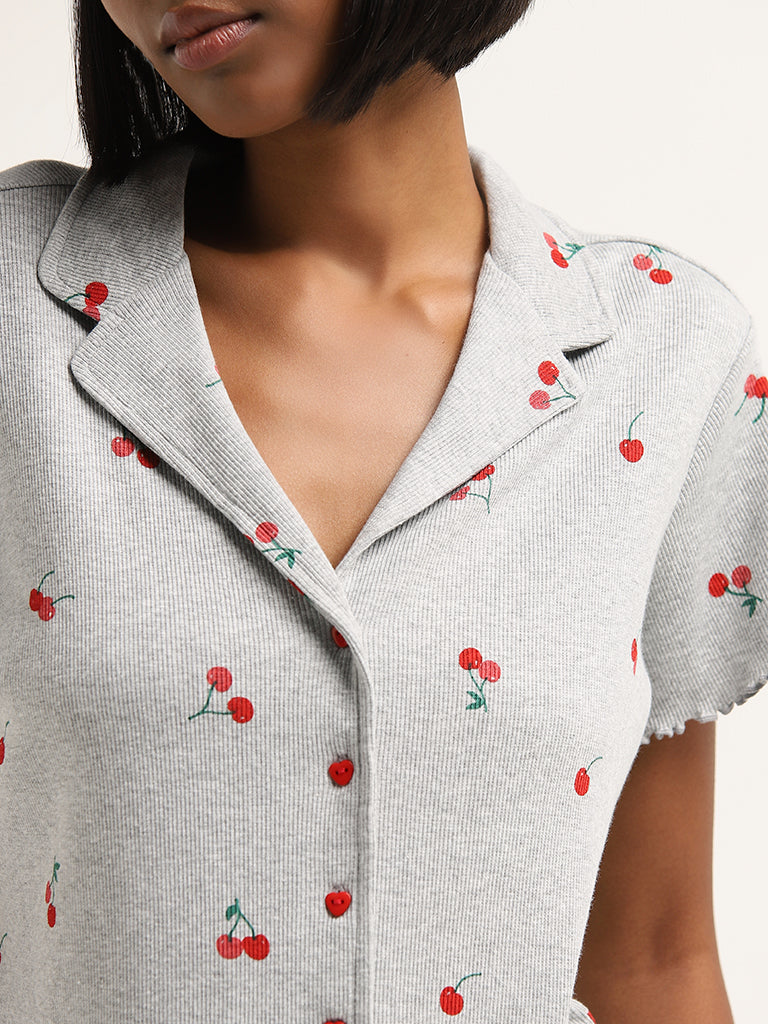 Superstar Grey Cherry Print Ribbed Cotton Blend Shirt