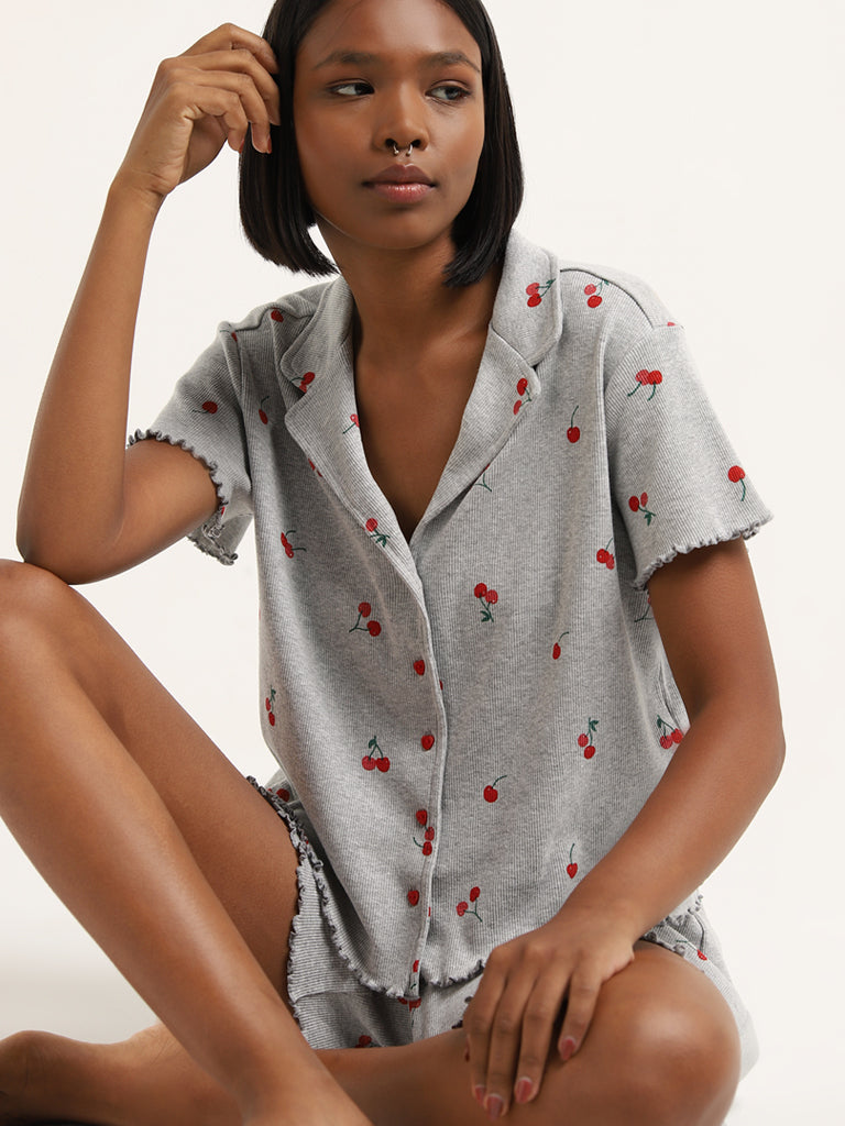 Superstar Grey Cherry Print Ribbed Cotton Blend Shirt