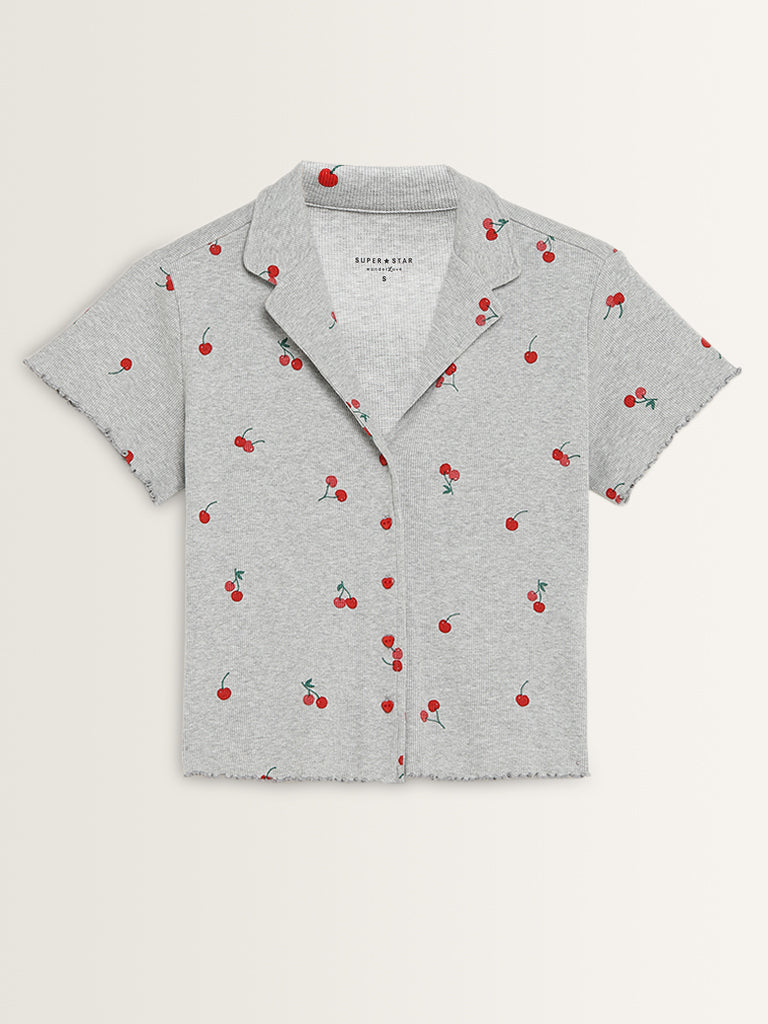 Superstar Grey Cherry Print Ribbed Cotton Blend Shirt