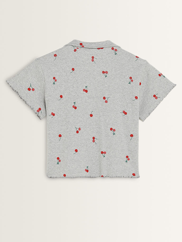 Superstar Grey Cherry Print Ribbed Cotton Blend Shirt