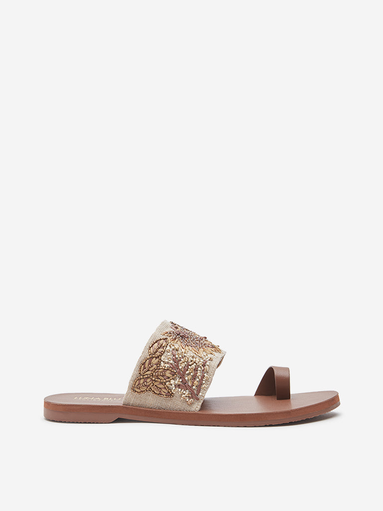 LUNA BLU Brown Floral Design Toe-Ring Slides