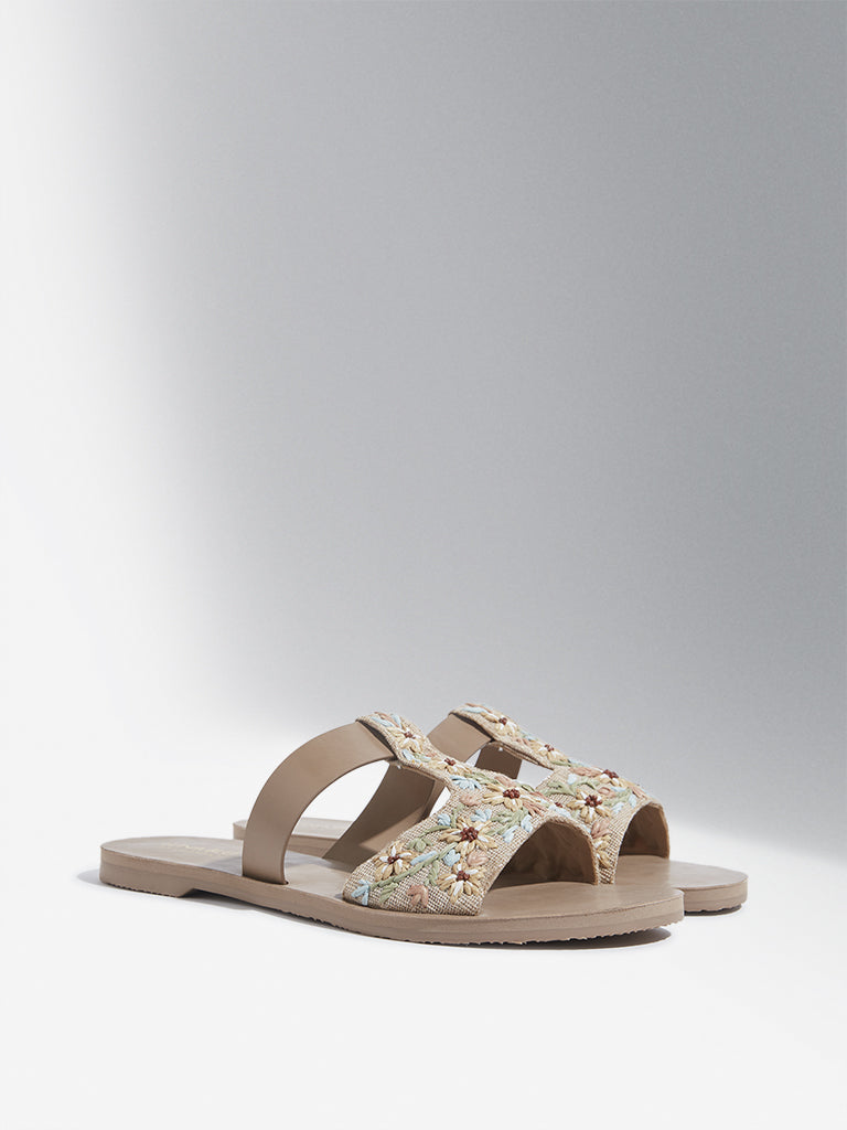 LUNA BLU Beige Embellished T-Strap Slides