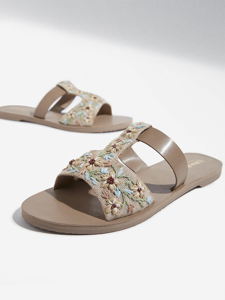 LUNA BLU Beige Embellished T-Strap Slides