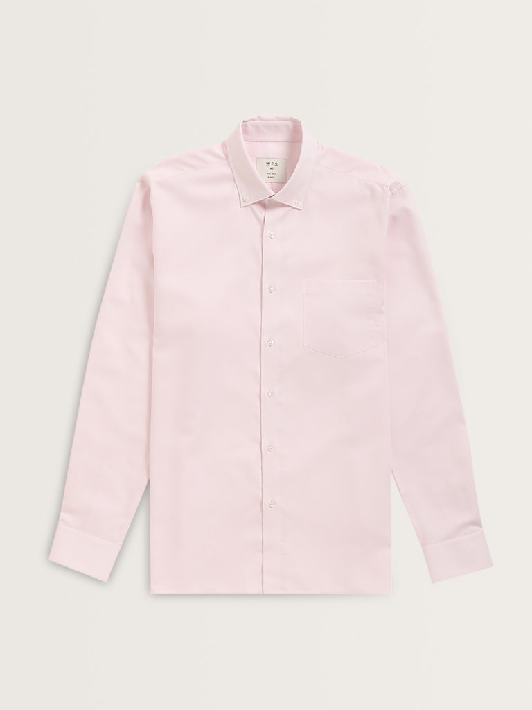 WES Formals Light Pink Solid Slim-Fit Cotton Shirt