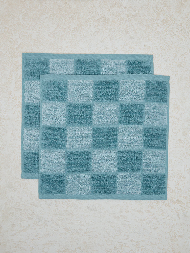 Westside Home Dusty Blue Checkered Design Face Towel (Set of 2)