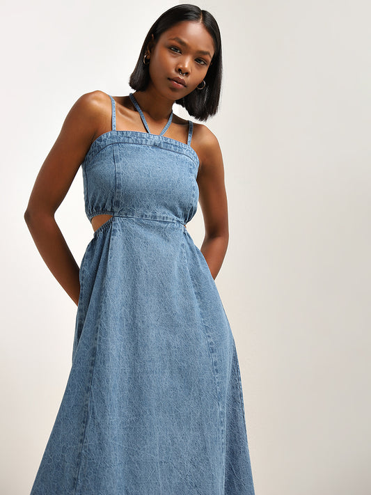 Nuon Blue Cut-Out Detailed Straight Denim Dress