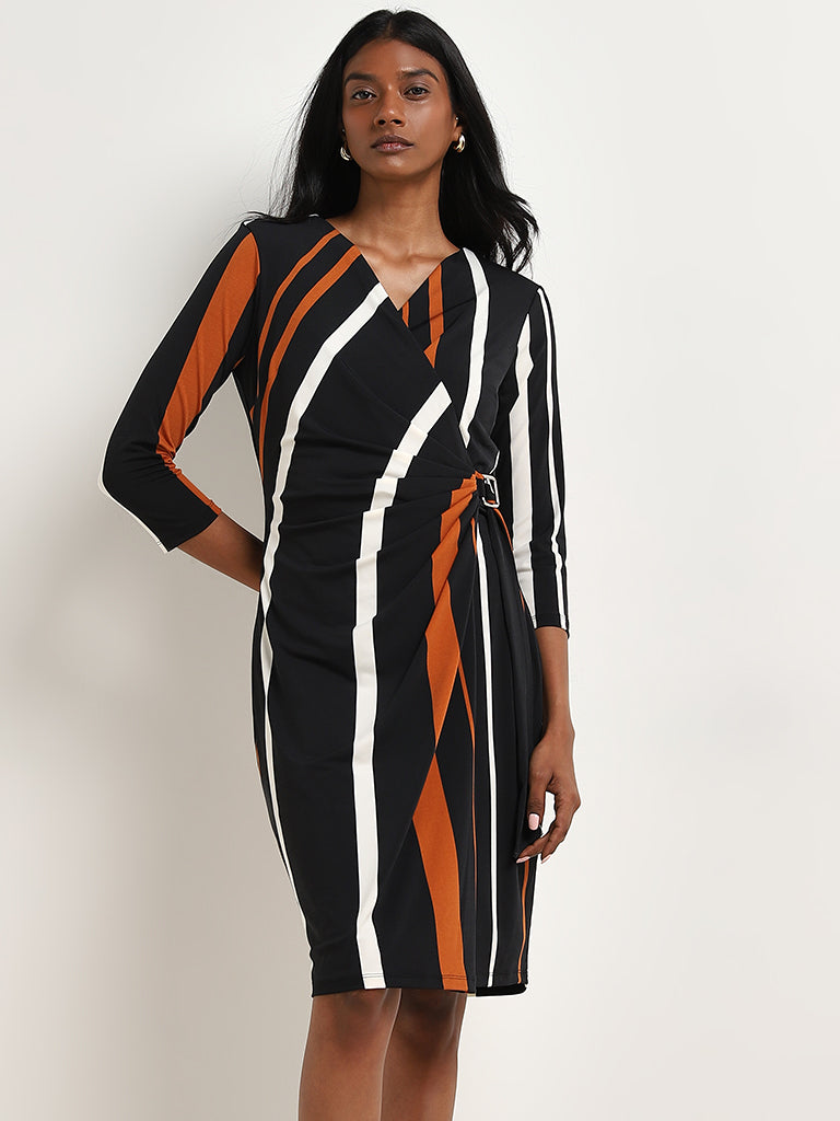 Wardrobe Black Stripe Printed Wrap Dress