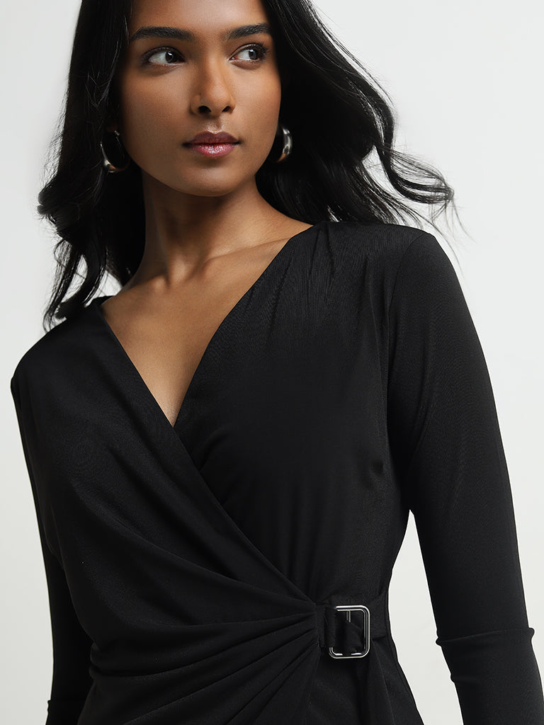 Wardrobe Black Ruched-Detailed Wrap Dress