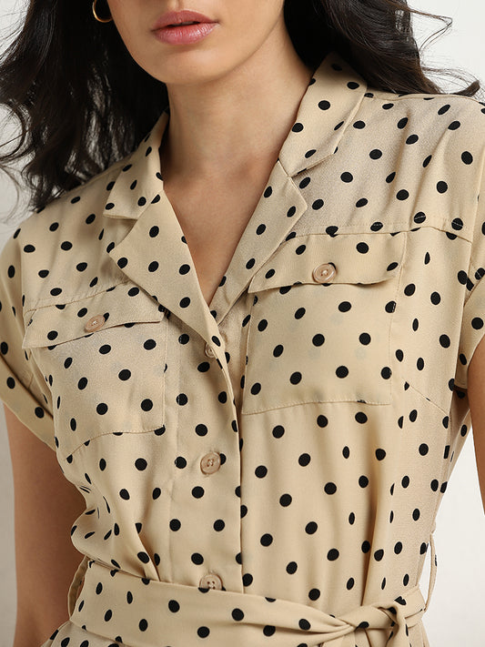 Wardrobe Beige Polka Dot Design Shirt Dress with Belt