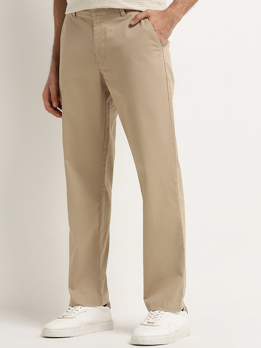 WES Casuals Beige Straight-Fit Mid-Rise Cotton Blend Chinos