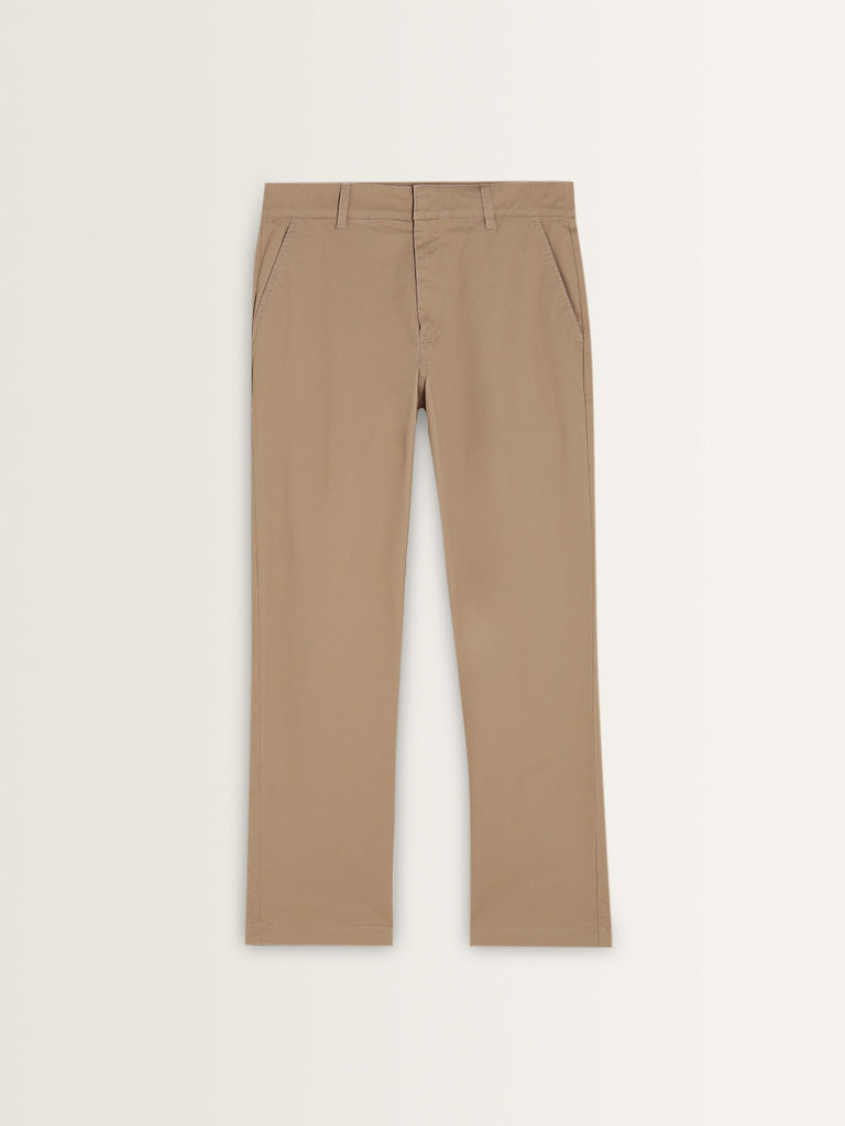 WES Casuals Beige Straight-Fit Mid-Rise Cotton Blend Chinos