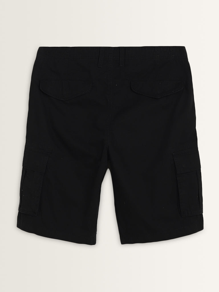 WES Casuals Black Relaxed-Fit Mid-Rise Cotton Shorts