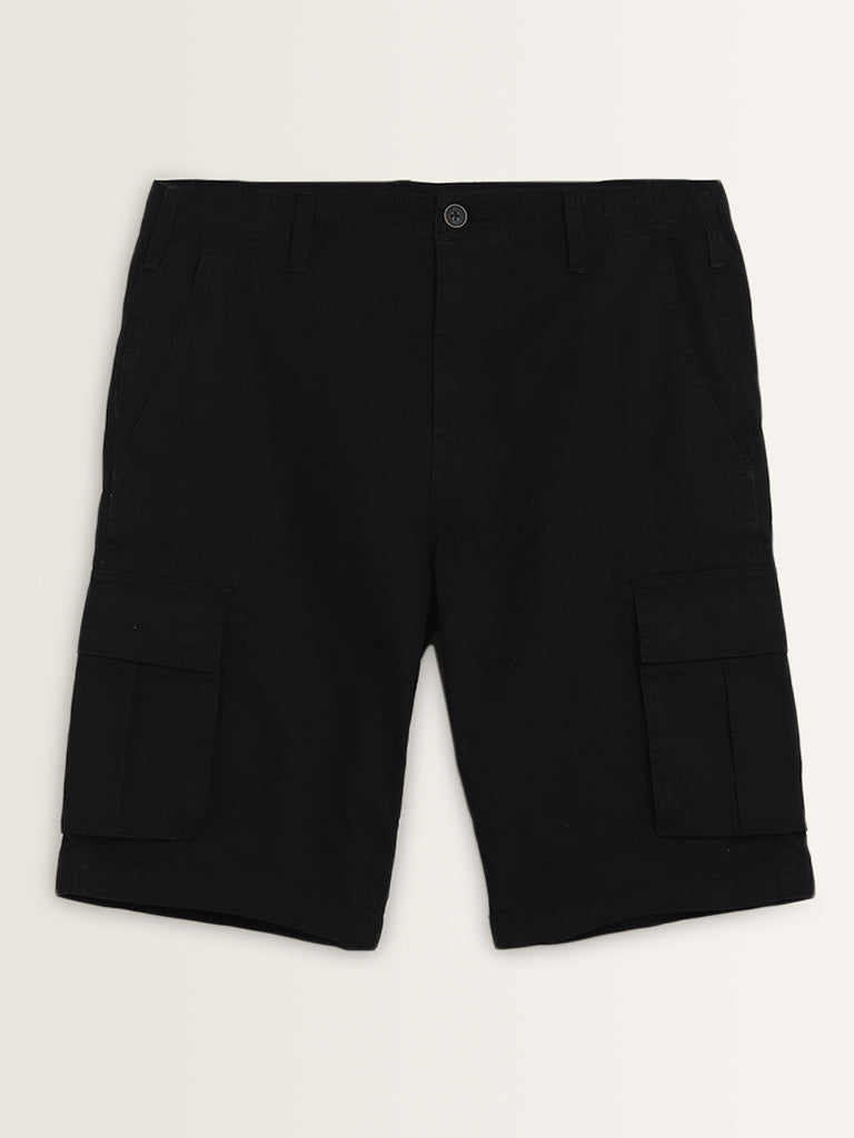 WES Casuals Black Relaxed-Fit Mid-Rise Cotton Shorts