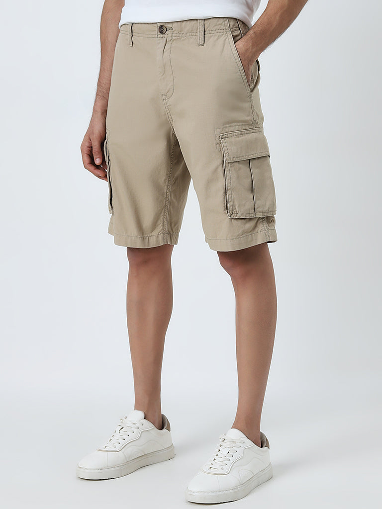 WES Casuals Khaki Relaxed-Fit Mid-Rise Cotton Cargo Shorts