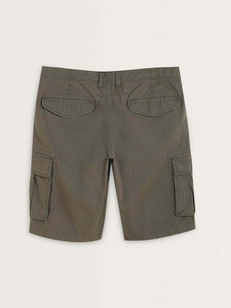 WES Casuals Olive Relaxed-Fit Mid-Rise Cotton Shorts