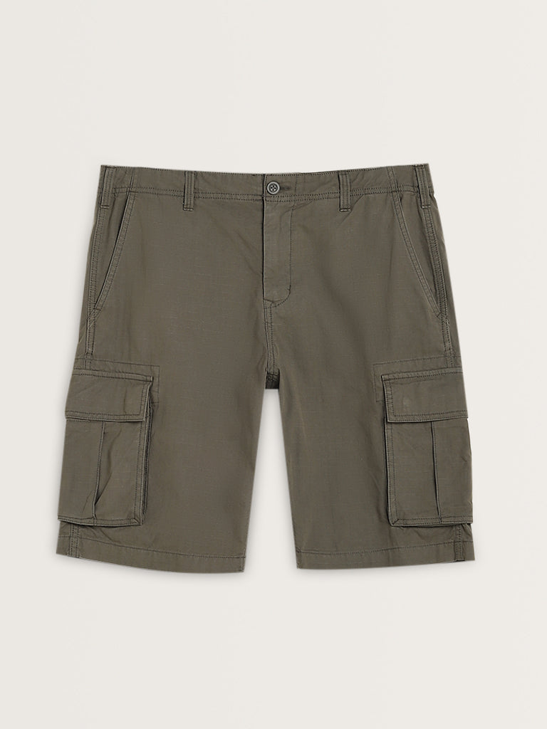 WES Casuals Olive Relaxed-Fit Mid-Rise Cotton Shorts