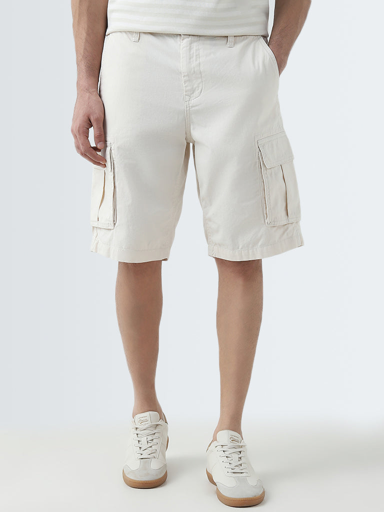 WES Casuals Beige Relaxed-Fit Mid-Rise Cotton Shorts