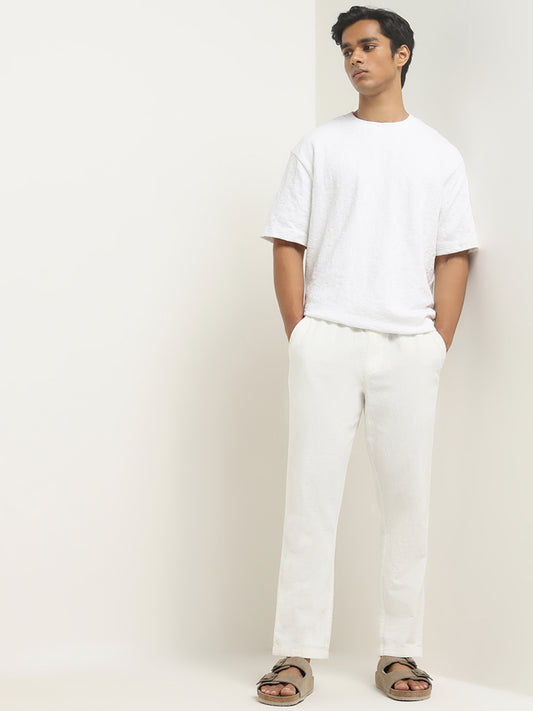 ETA White Textured Relaxed-Fit Mid-Rise Cotton Blend Chinos