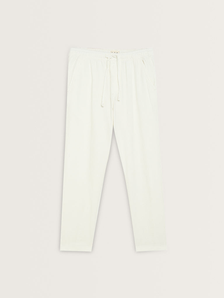 ETA White Textured Relaxed-Fit Mid-Rise Cotton Blend Chinos