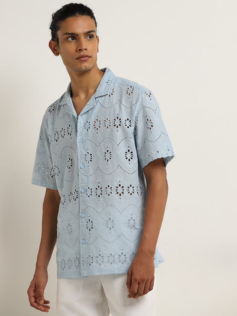 Buy ETA Light Blue Schiffli Design Relaxed-Fit Cotton Shirt from Westside