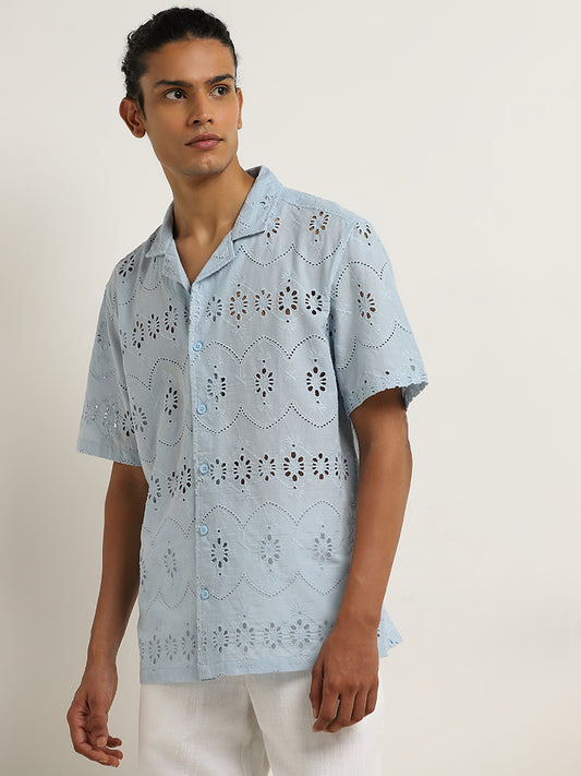 ETA Light Blue Schiffli Design Relaxed-Fit Cotton Shirt