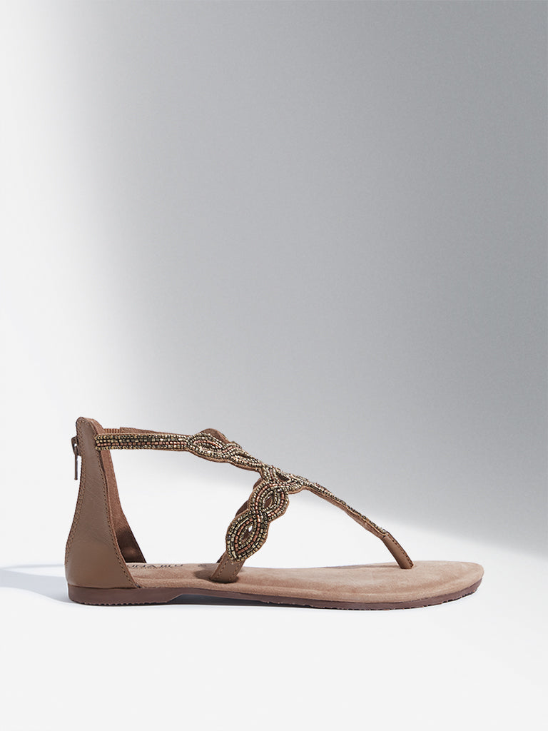 LUNA BLU Tan Embellished T-Strap Gladiator Sandals