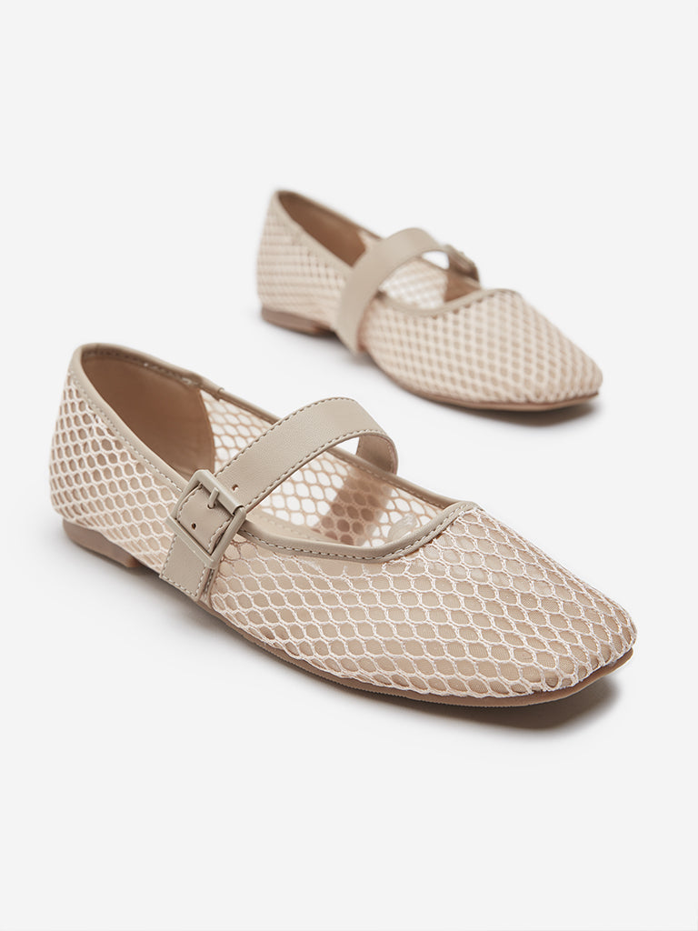 LUNA BLU Beige Mesh Detailed Mary Jane Shoes