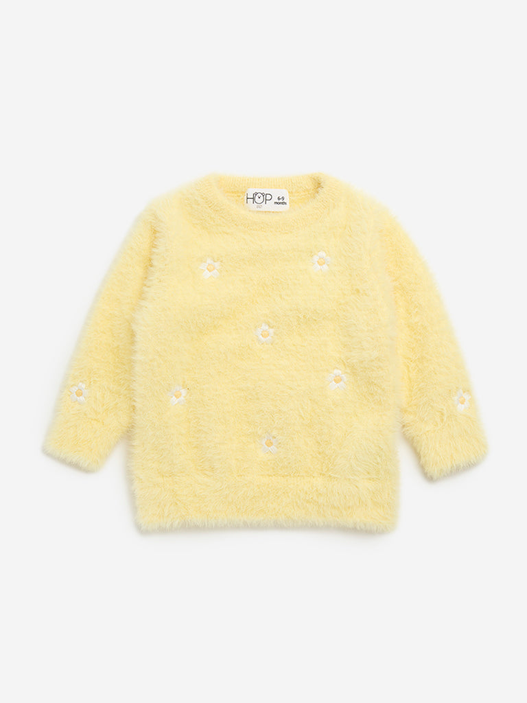 HOP Baby Yellow Floral Design Faux Fur Sweater