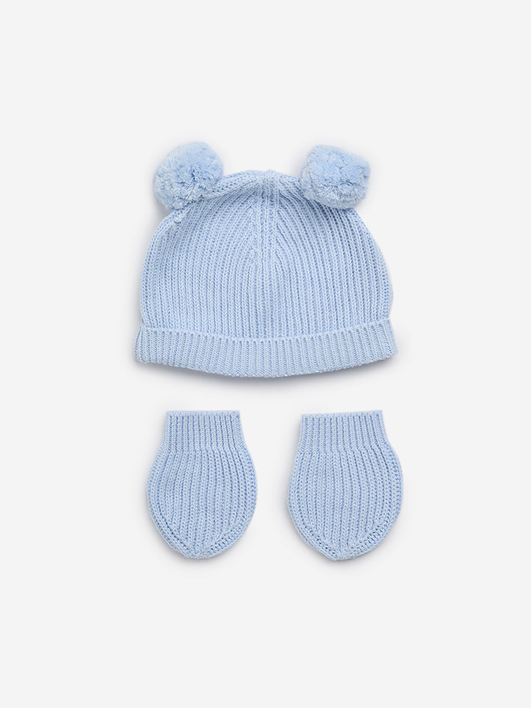 HOP Baby Blue Cotton Cap with Mittens Set