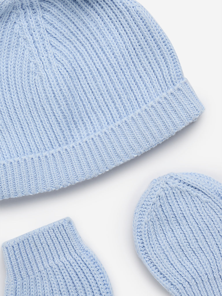 HOP Baby Blue Cotton Cap with Mittens Set