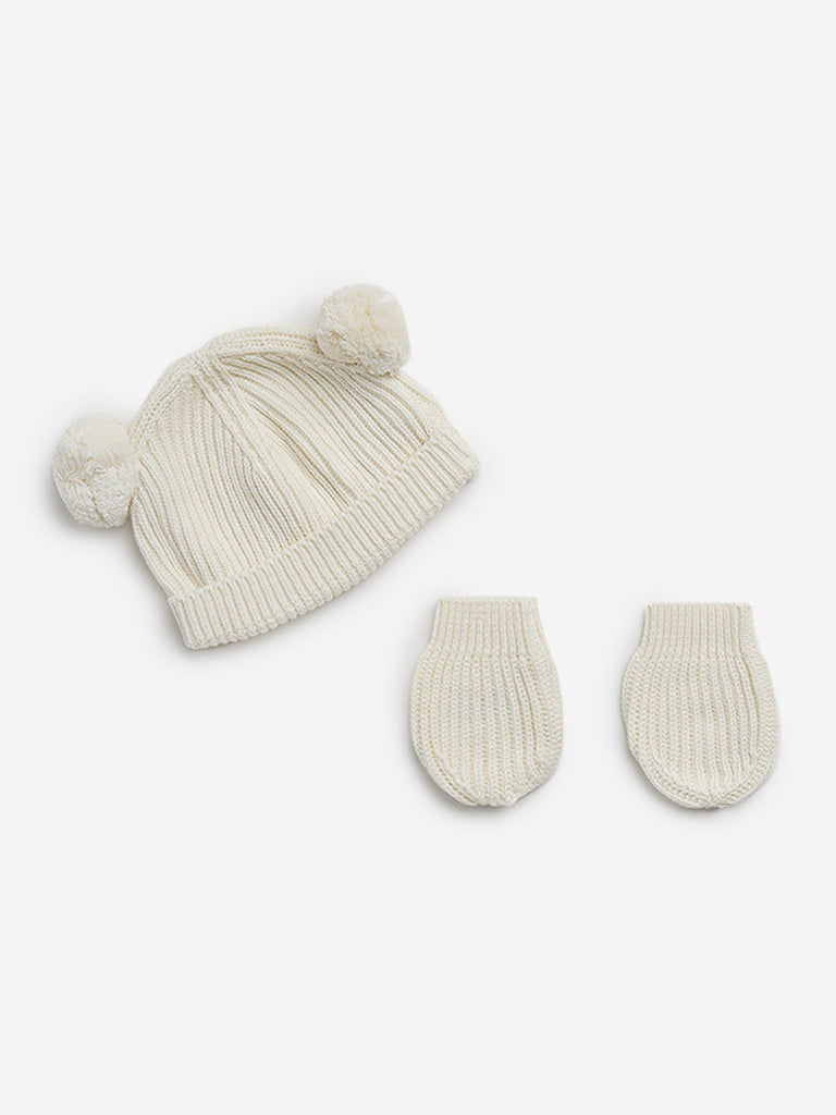 HOP Baby Beige Cotton Cap with Mittens Set