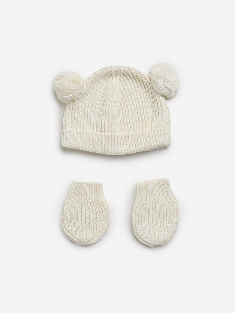 HOP Baby Beige Cotton Cap with Mittens Set