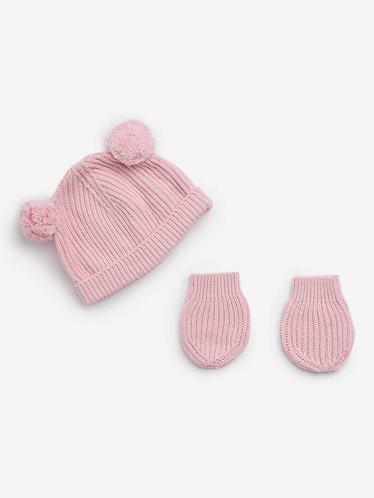 HOP Baby Pink Cotton Cap with Mittens Set