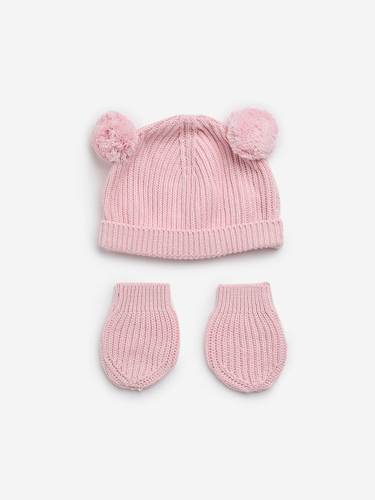 HOP Baby Pink Cotton Cap with Mittens Set