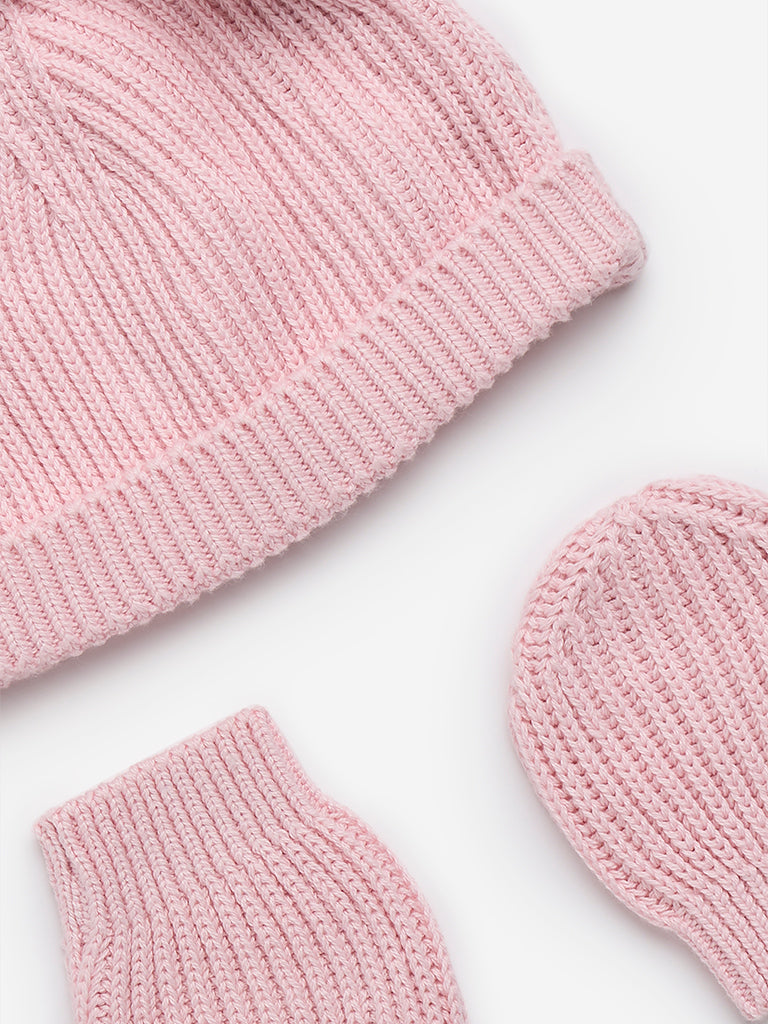 HOP Baby Pink Cotton Cap with Mittens Set