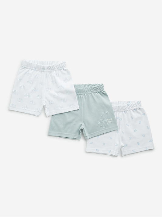 HOP Baby Mint Printed Mid-Rise Cotton Shorts - Pack of 3
