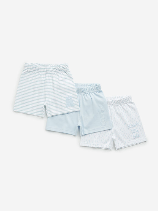 HOP Baby Blue Printed Mid-Rise Cotton Shorts - Pack of 3