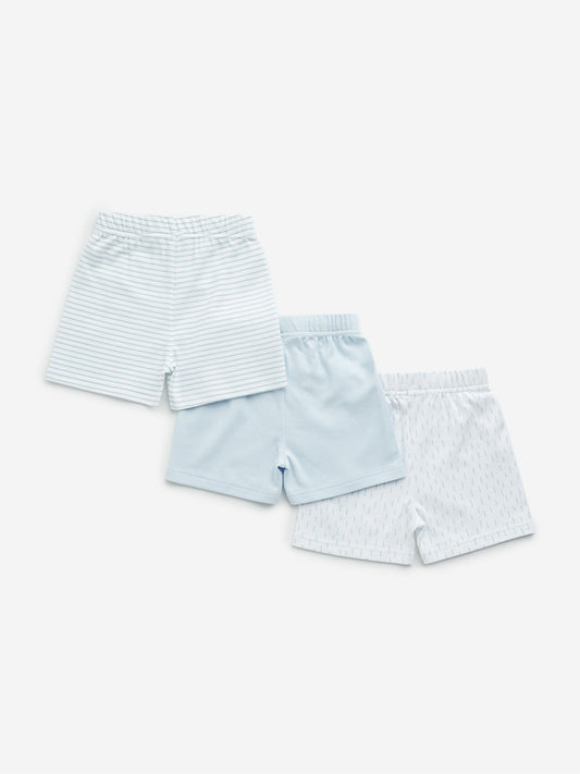 HOP Baby Blue Printed Mid-Rise Cotton Shorts - Pack of 3