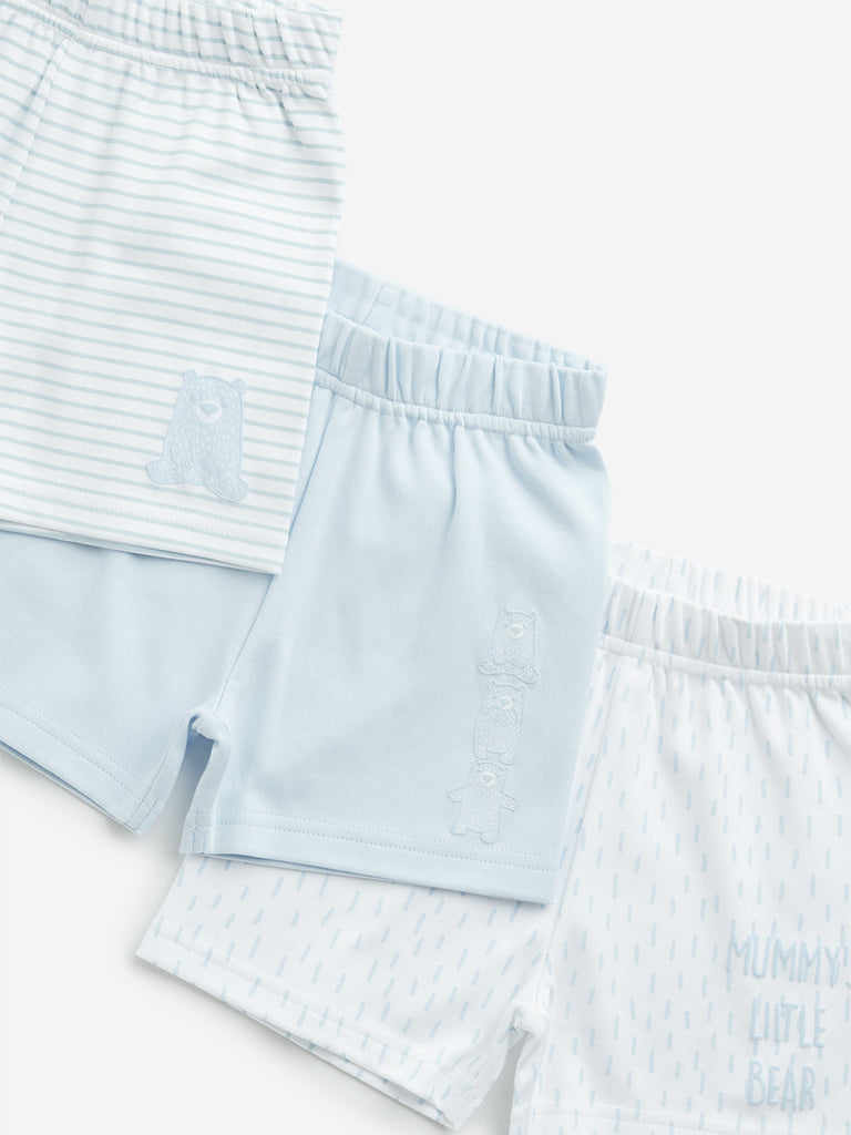 HOP Baby Blue Printed Mid-Rise Cotton Shorts - Pack of 3