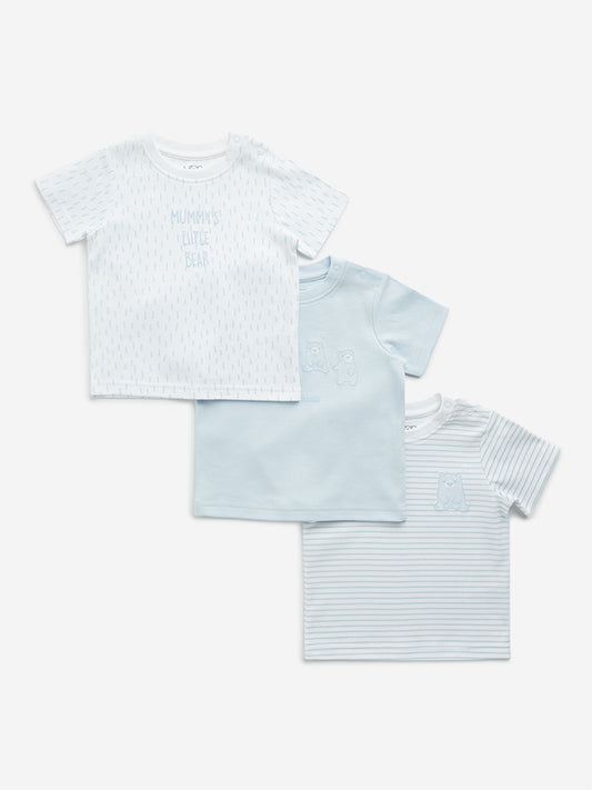 HOP Baby Blue Printed Cotton T-Shirts - Pack of 3