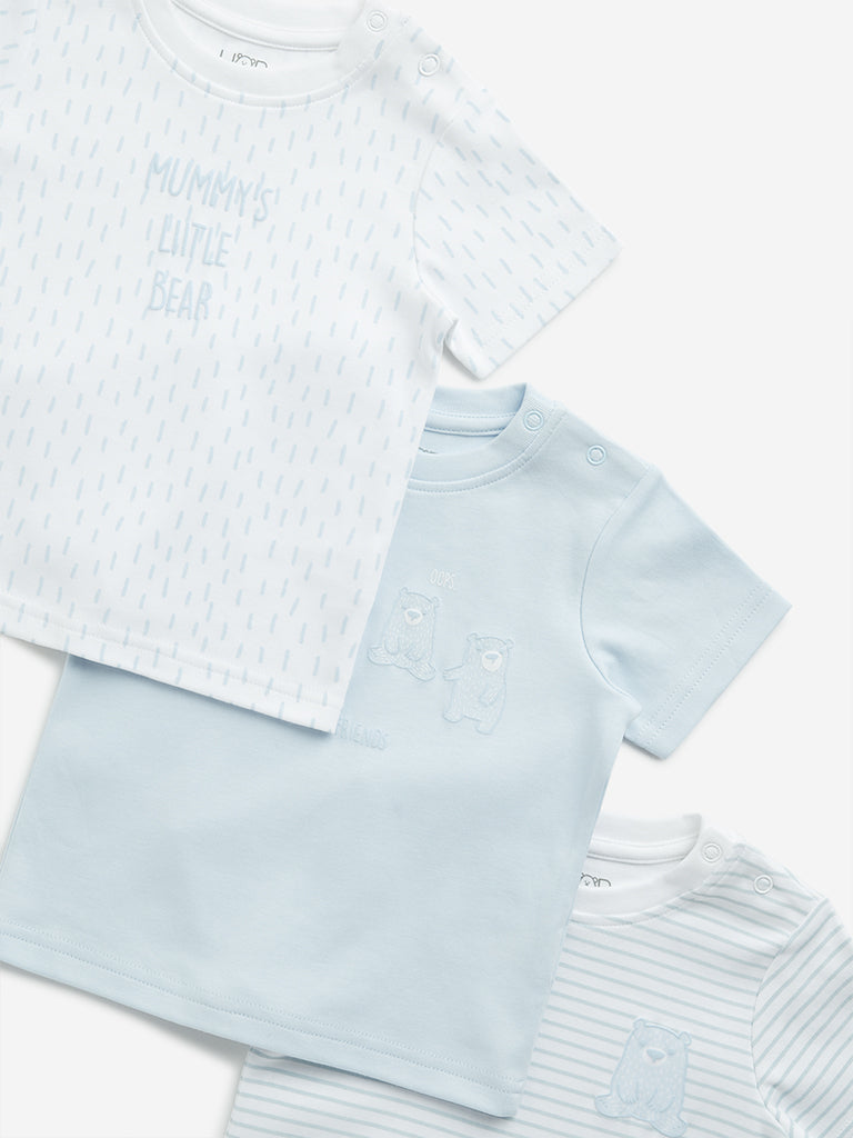 HOP Baby Blue Printed Cotton T-Shirts - Pack of 3