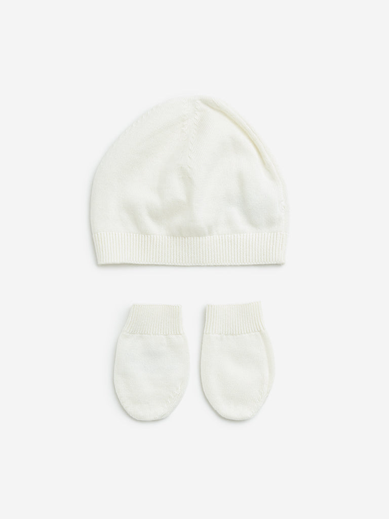 HOP Baby Off-White Cotton Cap with Mittens Set