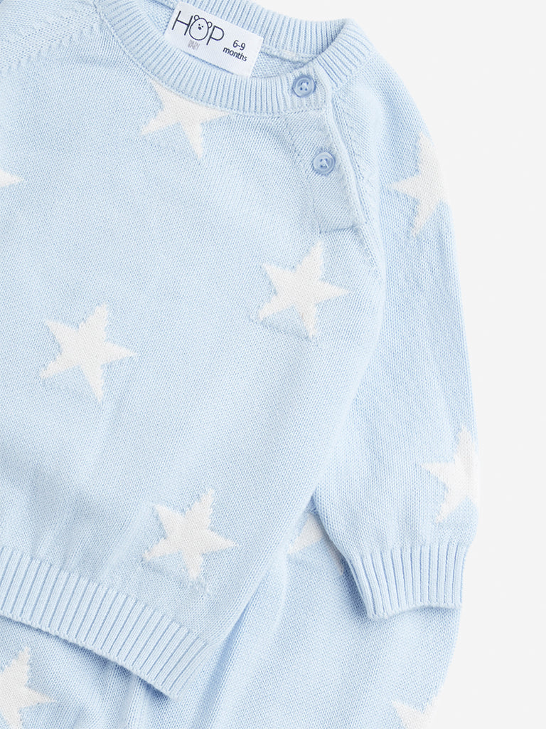 HOP Baby Light Blue Printed Cotton Sweater with Joggers Set