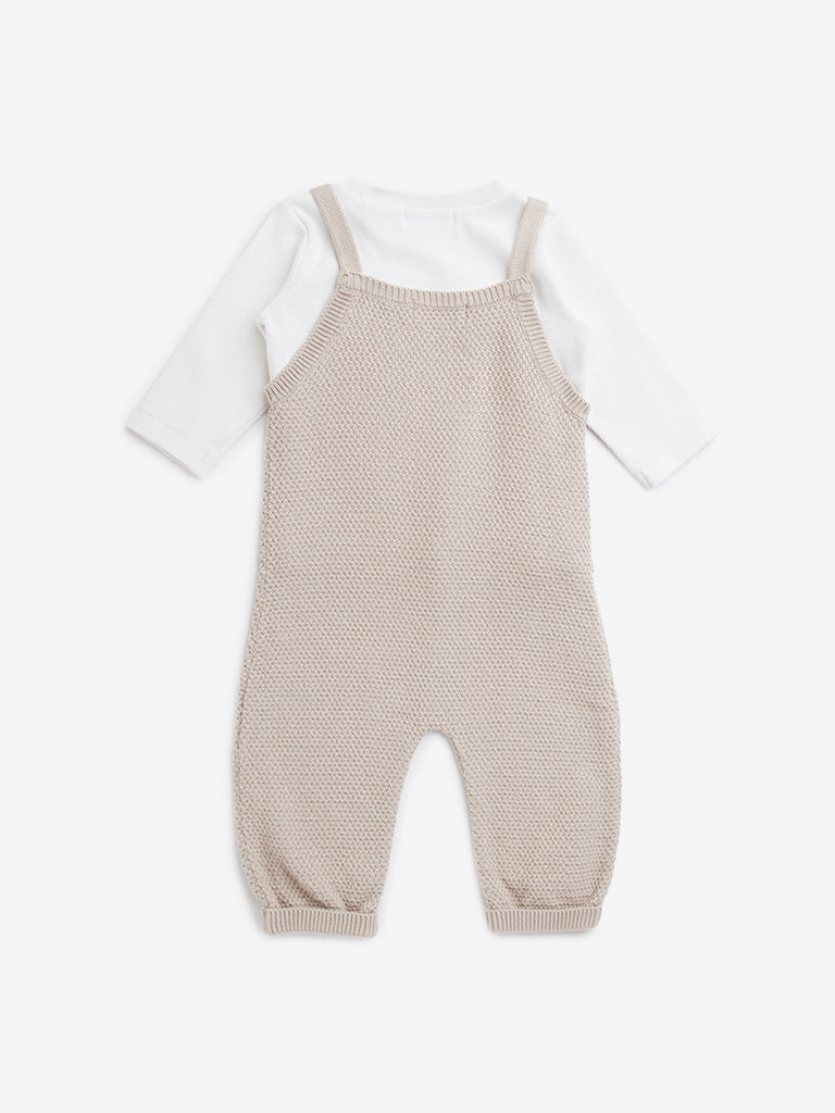 HOP Baby Taupe Knit-Textured Cotton Blend Dungaree with T-Shirt Set