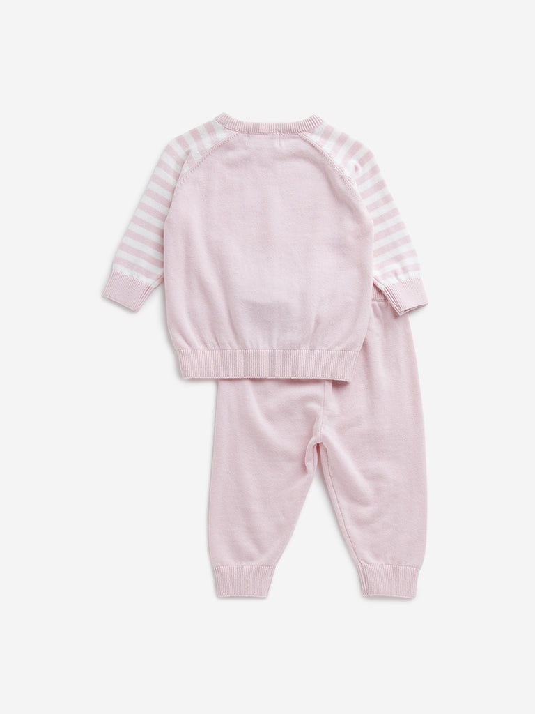 HOP Baby Light Pink Animal Design Cotton Sweater & Pants Set