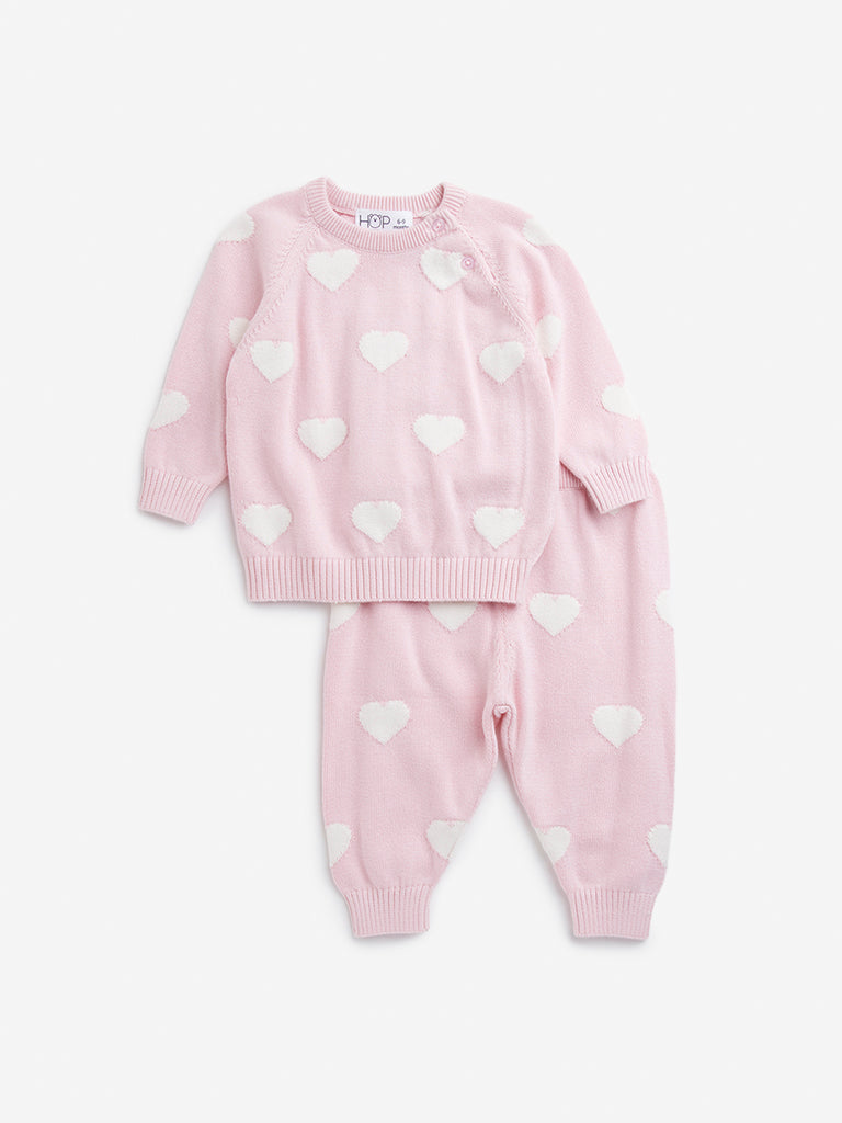 HOP Baby Pink Heart Design Cotton Sweater with Joggers Set