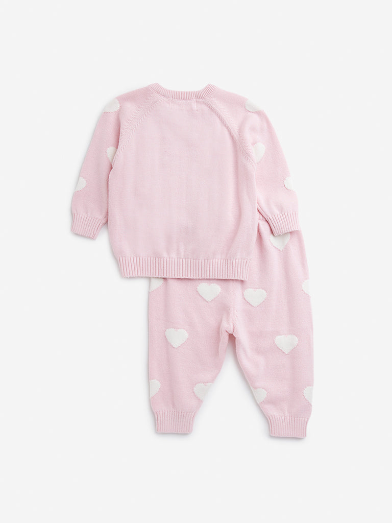 HOP Baby Pink Heart Design Cotton Sweater with Joggers Set